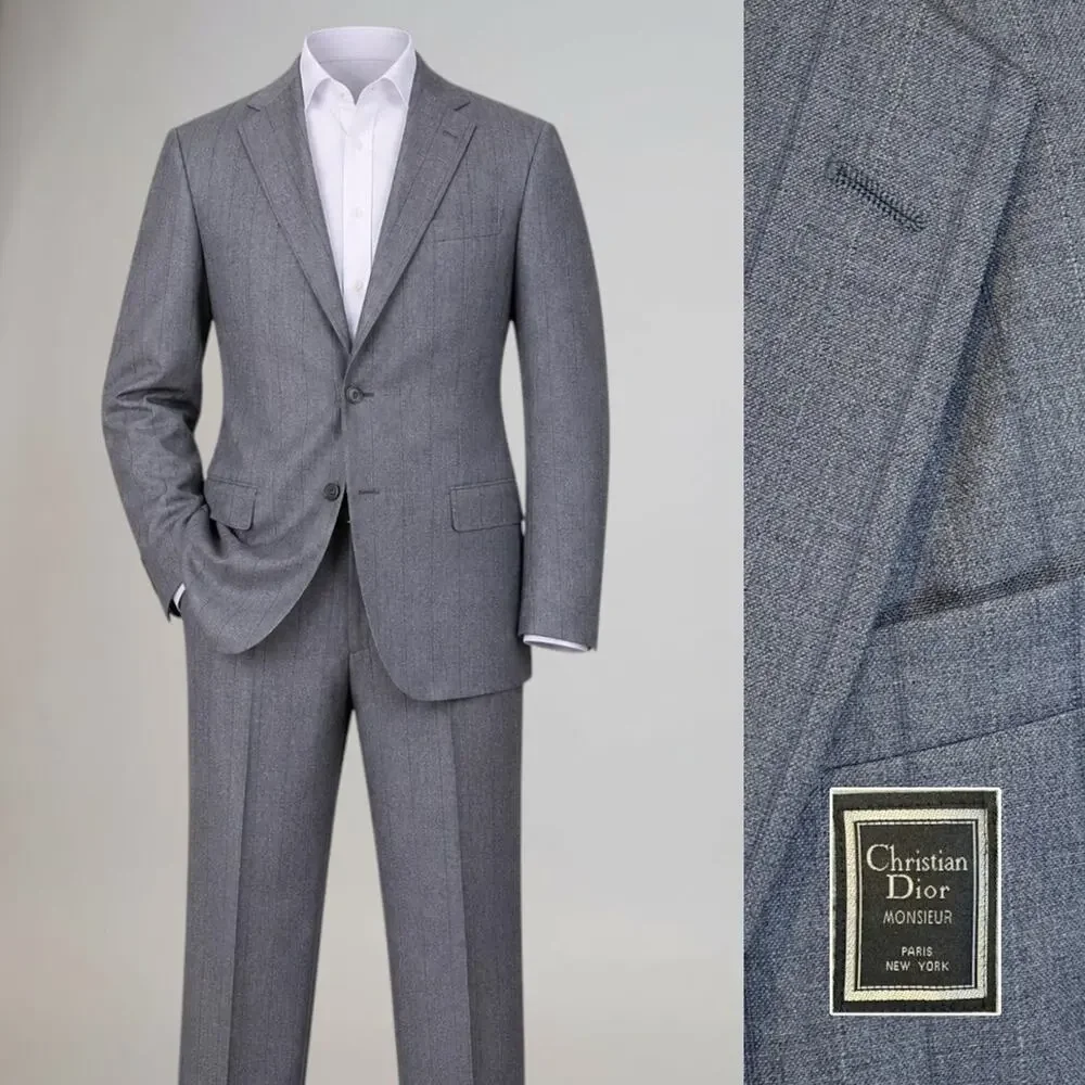 Vtg Christian Dior Monsieur Suit 42L 35x32 Gray Stripe Virgin Wool Designer
